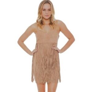 Jack By BB Dakota Faux Suede Tan Spaghetti Strap Dress With Tassels Mini Size 0